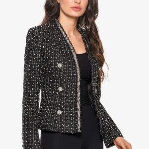 Adore Black and White Tweed Fringe-Trim Blazer